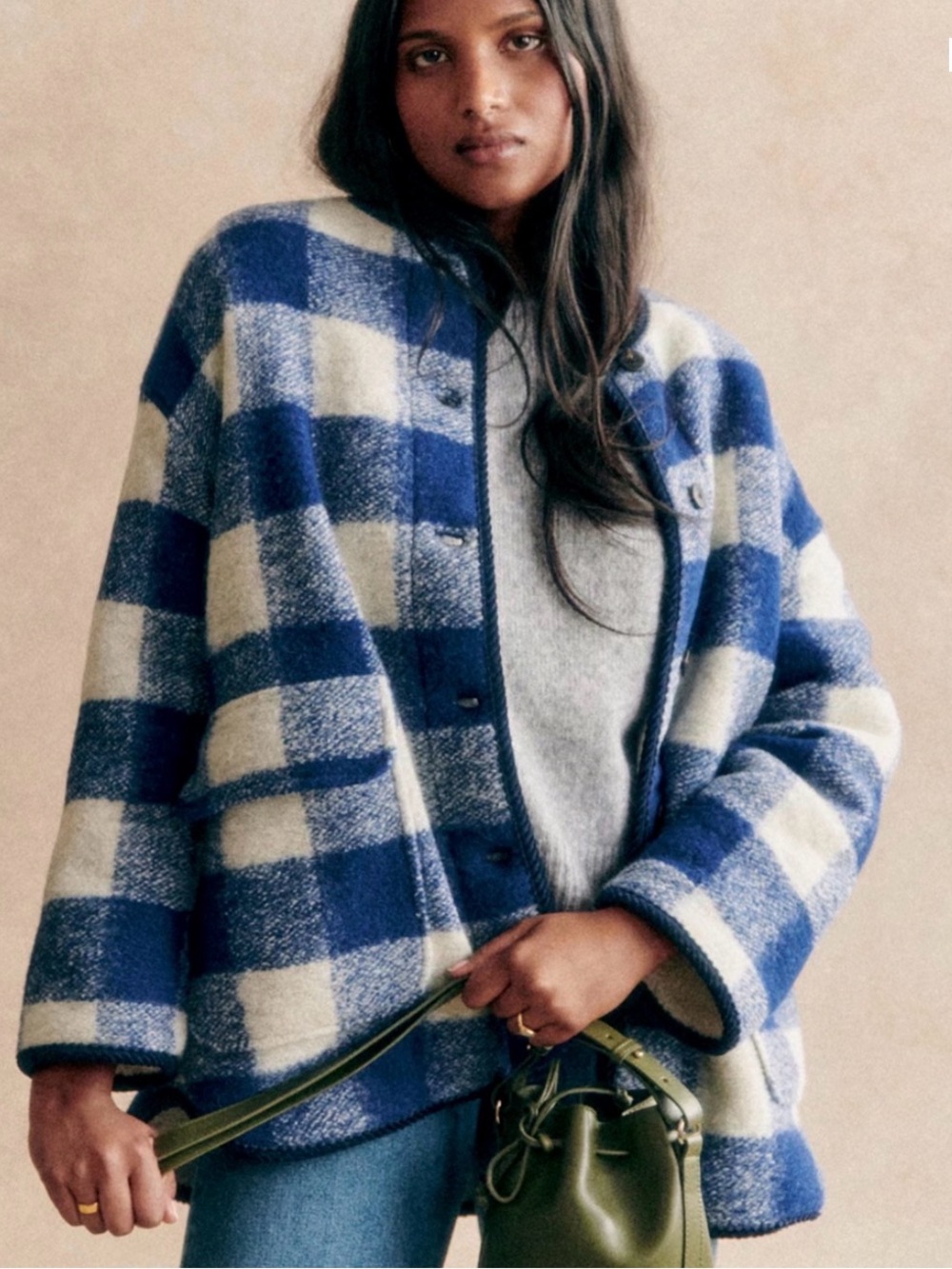 Sezane farel jacket - US size 4 - ecru blue check - NWT - Picture 1 of 3